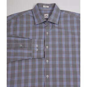 Peter Millar Blue Black Brown Plaid Cotton Button-Up Dress Shirt Men's XL